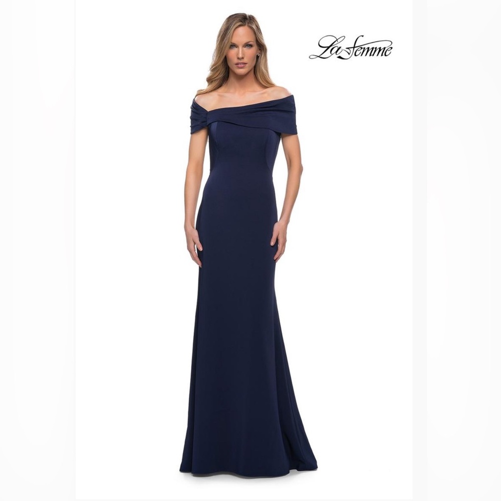 LA FEMME Simply Chic Off The Shoulder Jersey Gown In Navy Sz 6 Retails $338